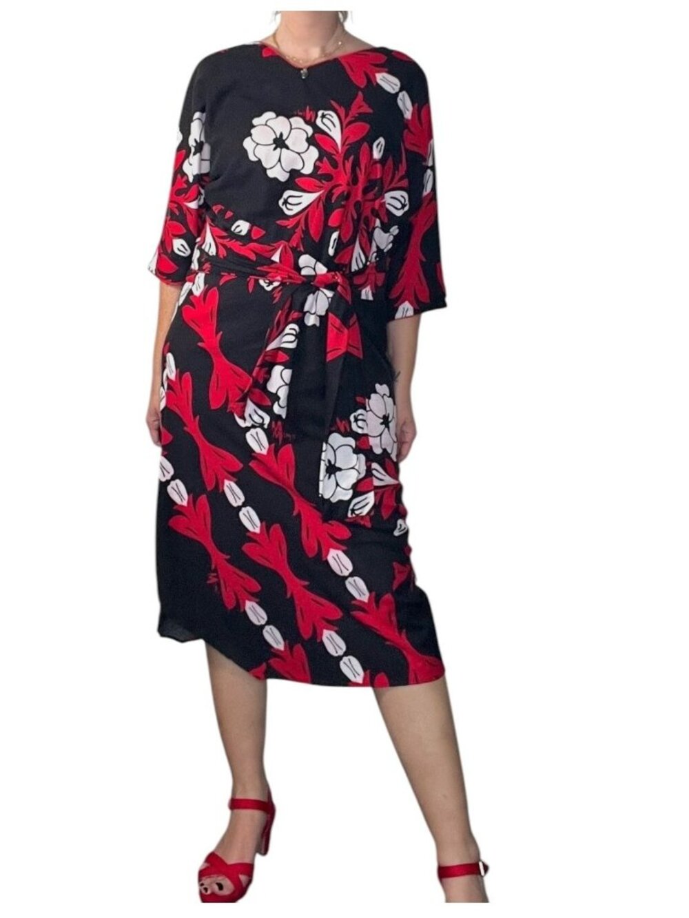 Vintage Mamo Howell Muumuu Dress Hawaii Belted Floral Black Red Large